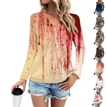 Женская мода V-образный вырез плиссированные полоски принт повседневный длинный рукав XXXL