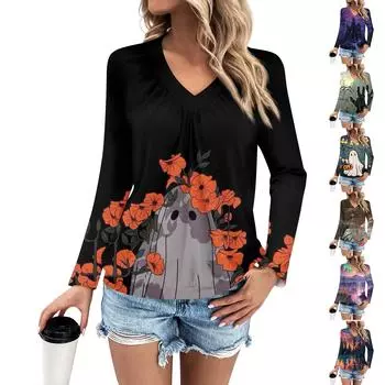 Женская мода V-образный вырез плиссированные полоски принт повседневный длинный рукав XXL оранжевый