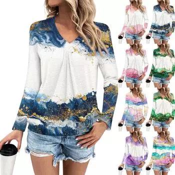 Женская мода V-образный вырез плиссированный цветной принт повседневный длинный рукав L