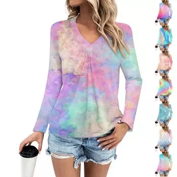 Женская мода V-образный вырез плиссированный градиентный принт повседневный длинный рукав XL разноцветный