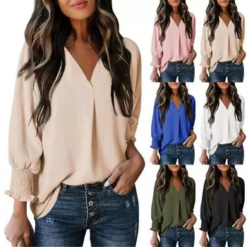Женская мода V-образный вырез Повседневная свободная рубашка с длинным рукавом Блузка Топы Футболка L бежевый