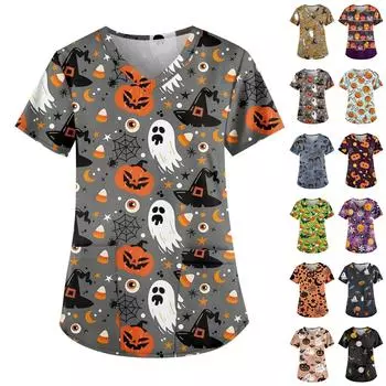 Женская мода V-образный вырез повседневные Хэллоуин принтованные топы с карманами рабочая одежда XXXXXL