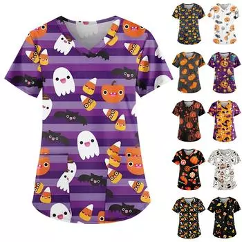 Женская мода V-образный вырез повседневные Хэллоуин принтованные топы с карманами рабочая одежда XXXXL