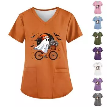 Женская мода V-образный вырез повседневные Хэллоуин принтованные топы с карманами рабочая одежда S оранжевый