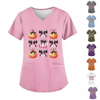Женская мода V-образный вырез повседневные Хэллоуин принтованные топы с карманами рабочая одежда XXXXL