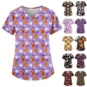 Женская мода V-образный вырез повседневные Хэллоуин принтованные топы с карманами рабочая одежда M