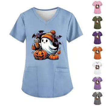 Женская мода V-образный вырез повседневные Хэллоуин принтованные топы с карманами рабочая одежда XL белый