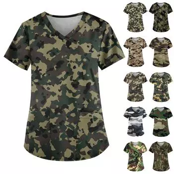 Женская мода V-образный вырез повседневные камуфляжные принтованные топы с карманами рабочая одежда S чёрный