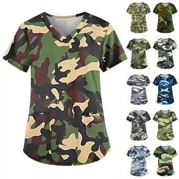 Женская мода V-образный вырез повседневные камуфляжные принтованные топы с карманами рабочая одежда XXXL