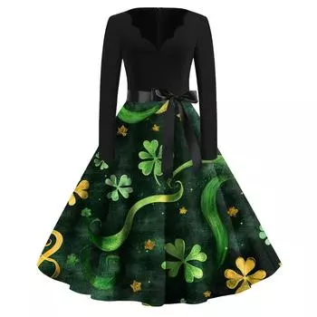 Женская мода V-образный вырез Повседневный Slim St. Платье с длинными рукавами и принтом Патрика L армия зеленый