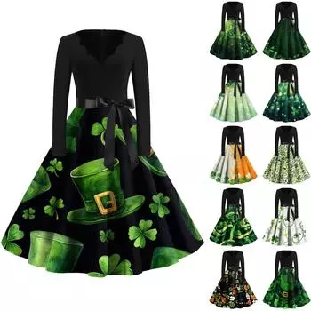 Женская мода V-образный вырез Повседневный Slim St. Платье с длинными рукавами и принтом Патрика L армия зеленый