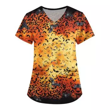 Женская мода V-образный вырез с короткими рукавами рабочая одежда Хэллоуин принт верх платье L