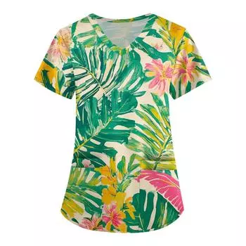 Женская мода V-образный вырез с короткими рукавами рабочая одежда с карманом гавайский принт топ костюм для ухода L армия зеленый