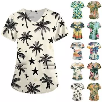 Женская мода V-образный вырез с короткими рукавами рабочая одежда с карманом гавайский принт топ костюм для ухода XXXXXL оранжевый