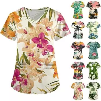 Женская мода V-образный вырез с короткими рукавами рабочая одежда с карманом гавайский принт топ костюм для ухода M