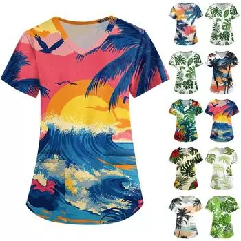 Женская мода V-образный вырез с короткими рукавами рабочая одежда с карманом гавайский принт топ костюм для ухода XXXXL