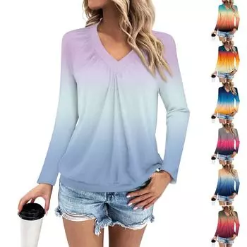 Женская мода V-образный вырез с открытыми плечами плиссированная повседневная с длинным рукавом L синий