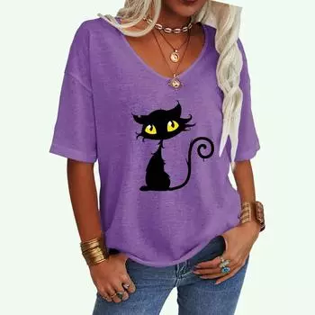 Женская мода V-образный вырез свободная футболка повседневный топ с принтом кота женская футболка с коротким рукавом S белый