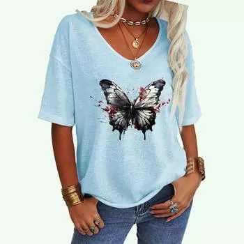 Женская мода V-образный вырез свободная футболка повседневный принт бабочка топ женская футболка с коротким рукавом S белый
