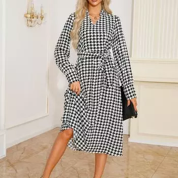 Женская мода V-образный вырез Thousand Bird Check Printed Shirt Slim Dresses L чёрный