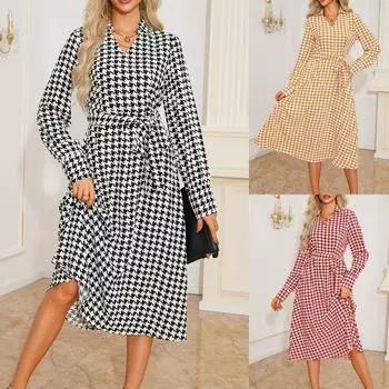 Женская мода V-образный вырез Thousand Bird Check Printed Shirt Slim Dresses L чёрный