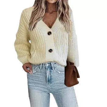 Женская мода V-образный вырез трикотажный витой кардиган европейский и американский однобортный трикотажный кардиган свитер куртка женская L бежевый