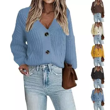 Женская мода V-образный вырез трикотажный витой кардиган европейский и американский однобортный трикотажный кардиган свитер куртка женская L бежевый