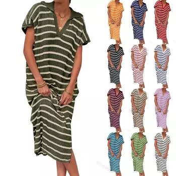 Женская мода V-образный вырез в полоску с низким разрезом лацкан длинный свитер повседневные платья XXL синий