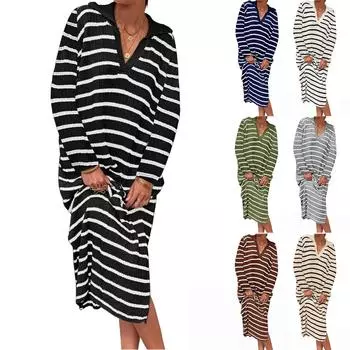 Женская мода V-образный вырез в полоску с низким разрезом лацкан длинный свитер повседневные платья L чёрный