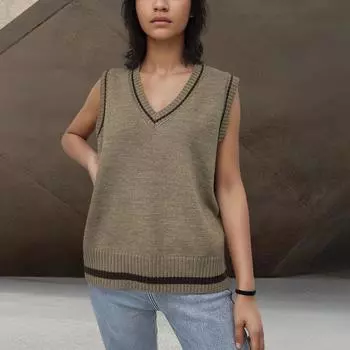 Женская мода V-образный вырез жилет свитер L верблюд