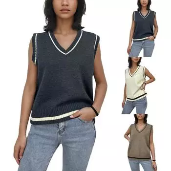 Женская мода V-образный вырез жилет свитер M белый