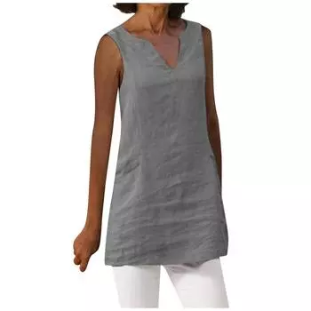 Женская мода V-образный вырез жилет свободный винтажный однотонный топ без рукавов футболка XL серый