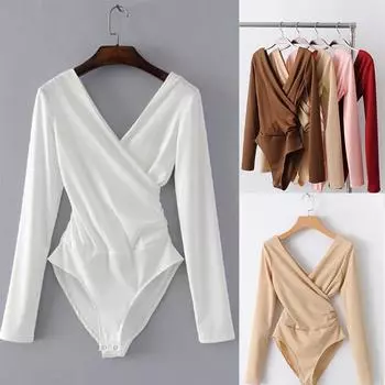 Женская мода V-образным вырезом с длинным рукавом комбинезон Cross Front Bodysuit S вино красного