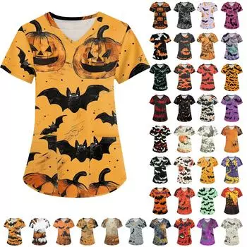 Женская мода V-образным вырезом с короткими рукавами и карманами Топы с принтом на Хэллоуин L чёрный