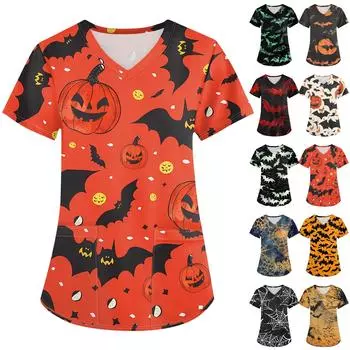 Женская мода V-образным вырезом с короткими рукавами и карманами Топы с принтом на Хэллоуин S