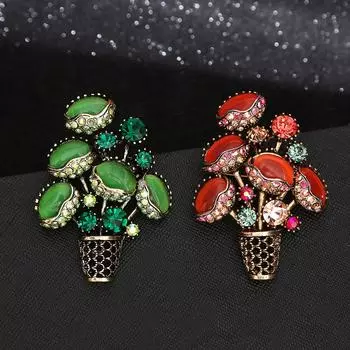 Женская мода Винтаж Кристалл Красный Зеленый Цветок Броши Для Женщин Роскошные Желтое Золото Цвет Опаловый Сплав Брошь Растение Булавки зелёный