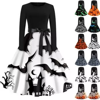 Женская мода Винтаж с длинным рукавом с круглым вырезом Хэллоуин Печатные вечерние платья для выпускного вечера L