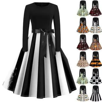 Женская мода Винтаж с длинным рукавом с круглым вырезом Хэллоуин Печатные вечерние платья для выпускного вечера XL