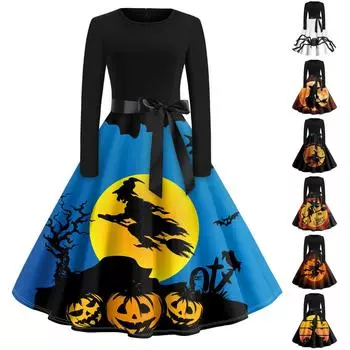 Женская мода Винтаж с длинным рукавом с круглым вырезом Хэллоуин Печатные вечерние платья для выпускного вечера S белый