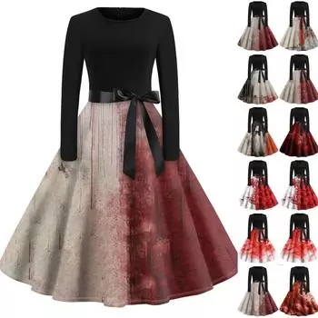 Женская мода Винтаж с длинным рукавом с круглым вырезом Хэллоуин Печатные вечерние платья для выпускного вечера XL винный