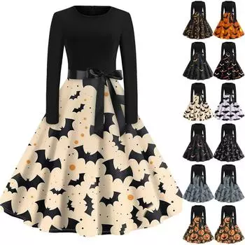 Женская мода Винтаж с длинным рукавом с круглым вырезом Хэллоуин Печатные вечерние платья для выпускного вечера XXL чёрный