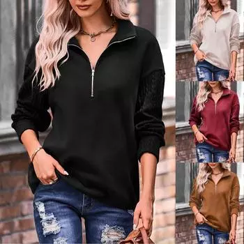 Женская мода Вязание Лоскутная однотонная толстовка с длинными рукавами и лацканами Топ L чёрный