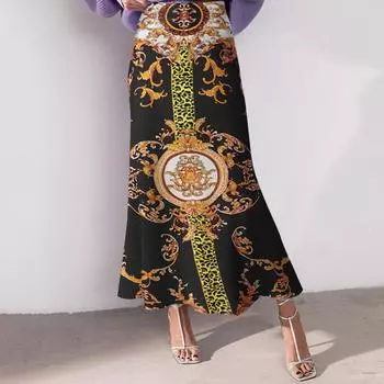 Женская мода Высокая талия принтованная юбка-рыбий хвост 5XL чёрный