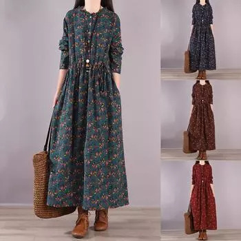 Женская мода в этническом стиле с цветочным принтом и длинными рукавами, большие размеры на талии, платья L кофейный