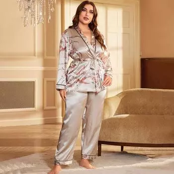 Женская мода в европейском и американском стиле, весна-осень, домашняя одежда, большой размер, 2 предмета, пижамный комплект из ледяного шелка, домашняя одежда с цветочным принтом 1XL