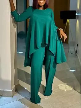 Женская мода в европейском и американском стиле, комплект из топа с длинными рукавами и широких брюк больших размеров L зелёный