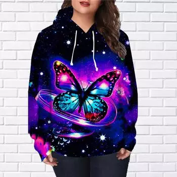 Женская мода в форме сердца с принтом бабочек свободные топы с капюшоном блузка свитшот повседневный длинный рукав пуловер топы XS синий