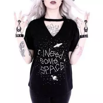 Женская мода в готическом стиле, панк-девушка, топы с короткими рукавами и v-образным вырезом, футболки