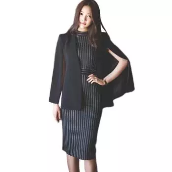 Женская мода в полоску без рукавов дневная официальная офисная одежда платья миди + пальто новый офисный деловой костюм S