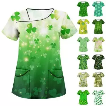 Женская мода в полоску с градиентом St. Рабочая одежда с короткими рукавами и двойными карманами с принтом ко Дню Святого Патрика L